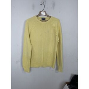 Lands End Mens Sweater Large Fisherman Cotton Rib Knit Crew Neck Yellow Vintage